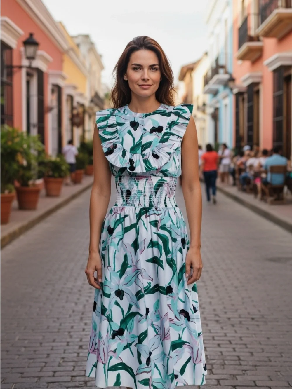 tory burch floral midi dress Tory Burch White Floral Ruffle-Trim Midi Dress